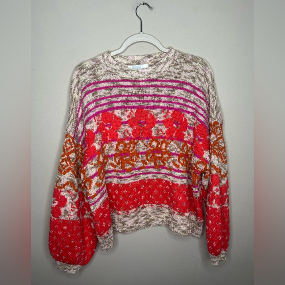 Bohemian Colorful Knit Crew Neck Sweater Bright Color Boutique Bunulu Sz Small